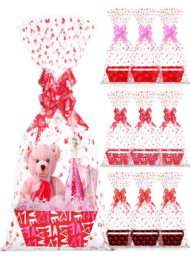 Hallswl 12 Set Valentines Day Empty Gifts Baskets Bulk with Cellophane Basket Bags and Bows Ribbons,Love Heart Market Tray Cardboard Gift Basket Empty to Fill for Valentine's Day Birthday Wedding Decor - Image 1